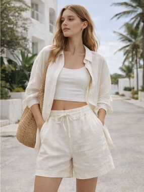 NWT ZARA Linen Blend Drawstring Shorts Cream White Relaxed Summer M